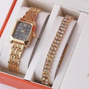 Elegante set di orologio al quarzo dorato e bracciale di strass scintillante con quadrante nero.