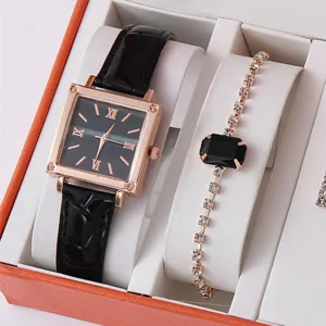Elegante set di orologio quadrato da donna e bracciale con quadrante nero raffinato.