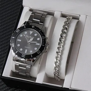 Set orologio al quarzo e bracciale catena uomo in confezione regalo, design metallico.