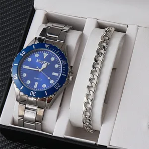 Set orologio al quarzo da uomo con lunetta blu e bracciale a catena in elegante cofanetto.