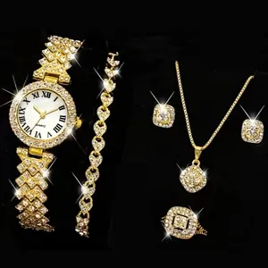 Women gold rhinestone watch bracelet necklace earrings ring jewelry set luxury quartz gift