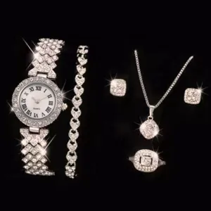 Women rhinestone quartz watch jewelry set silver luxury crystal bracelet necklace ring 5pcs