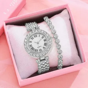 Elegant rhinestone quartz watch and bracelet set for women, sparkling crystal design.