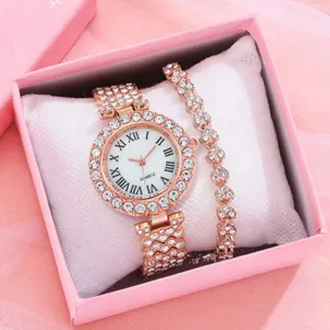 Close-up detail of a sparkling rose gold rhinestone women watch and bracelet set.