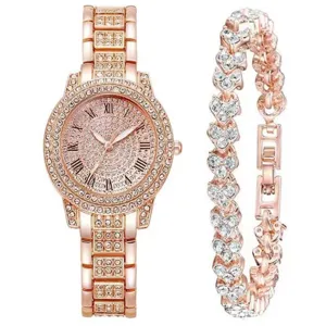 Elegant rose gold rhinestone quartz watch and matching heart bracelet set for women.