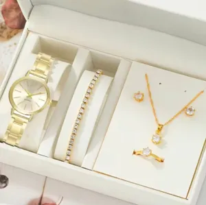 Luxury gold quartz watch bracelet necklace earrings ring gift set for women elegant daily wear