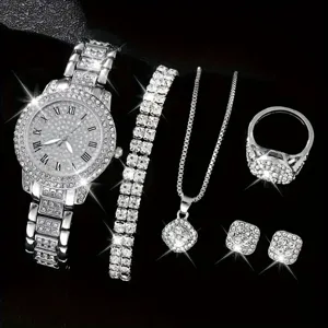 Women rhinestone watch jewelry set sparkling crystal necklace bracelet ring earrings detail view