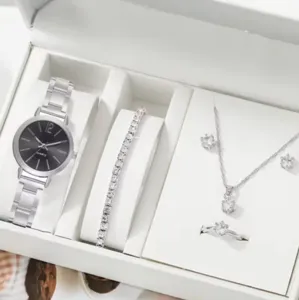 Close up detail view of the elegant women watch and sparkling rhinestone jewelry gift set.