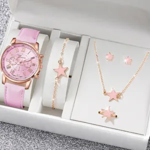 Set regalo orologio da polso donna al quarzo rosa stella collana bracciale anello