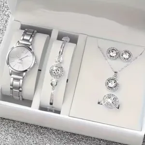 Women luxury rhinestone watch bracelet necklace ring earrings gift set elegant jewelry box