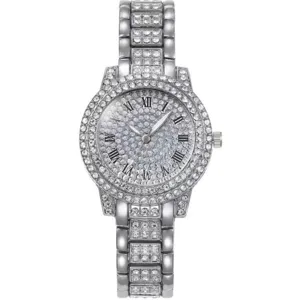 Women rhinestone starry sky quartz watch with silver metal bracelet and roman numerals.