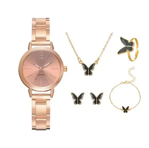 Women rose gold quartz watch and black butterfly necklace ring earrings bracelet set