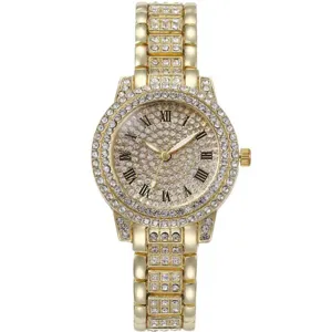 Luxury gold rhinestone womens bracelet watch with sparkling crystal dial and elegant Roman numerals.