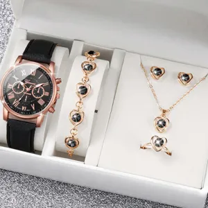 Elegante set regalo con orologio al quarzo in oro rosa e gioielli cuore per donna