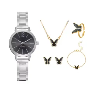 Detailed view of women quartz watch and black butterfly jewelry set with necklace and ring.