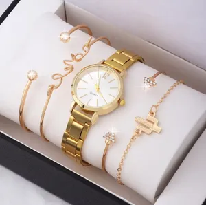 Elegant gold women quartz watch and stylish four piece bracelet set in gift box.