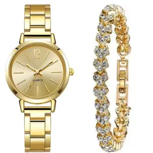 Women gold quartz watch and rhinestone heart bracelet set fashion jewelry gift detail view.