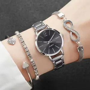 Detailed shot of women silver quartz watch with diamond bracelet set, sparkling crystal design.