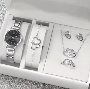 Detailed view of the elegant women rhinestone heart jewelry gift set with watch and necklace.