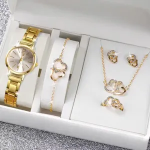 Gold rhinestone double heart watch bracelet necklace ring earrings jewelry gift set box.