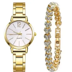 Gold quartz watch and heart rhinestone bracelet detail shot, elegant women jewelry set.