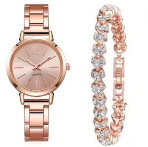 Rose gold quartz watch and sparkling heart crystal bracelet set for women detail view