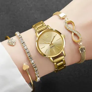 Gold quartz watch and bracelet set for women, fashionable diamond encrusted luxury combo.