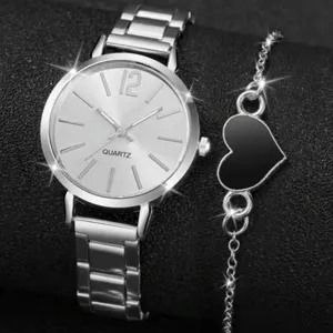 Silver quartz watch and black heart charm bracelet set for women elegant fashion jewelry