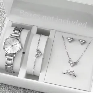Silver rhinestone jewelry set includes quartz watch, bracelet, necklace, earrings, and ring.