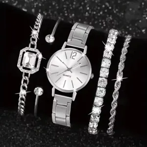 Women's silver quartz watch and rhinestone bracelet set, fashion jewelry accessory gift.