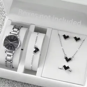 Close-up detail of women luxury jewelry gift set featuring watch bracelet necklace earrings ring.