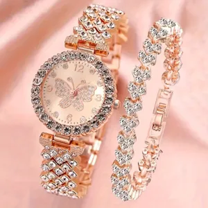 Rose gold rhinestone women watch bracelet set butterfly dial sparkling crystal jewelry gift