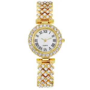 Orologio donna lusso oro strass quarzo con numeri romani e lunetta scintillante.