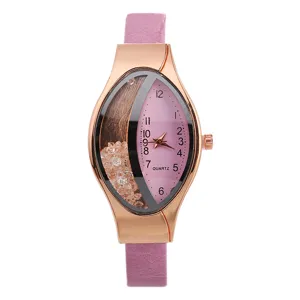 Orologio al quarzo da donna con cassa ovale in oro rosa, quadrante rosa e cristalli.