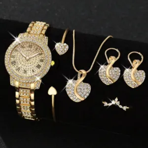 Orologio al quarzo con strass e set gioielli cuore da donna, finitura dorata.