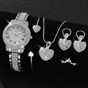 Vista dettagliata dell'elegante set di orologi e gioielli da donna impreziosito con strass.