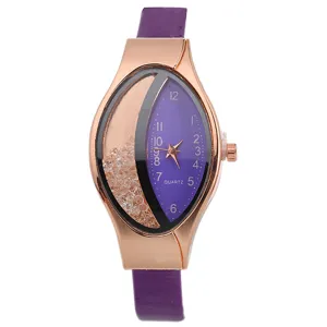 Orologio al quarzo da donna con cinturino in pelle viola, cassa oro rosa e quadrante ovale.