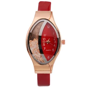 Orologio al quarzo donna cinturino pelle rossa cassa ovale oro rosa quadrante glitter