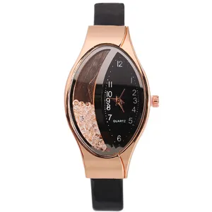 Orologio quarzo donna elegante cassa lega ovale cristalli brillanti cinturino nero moda