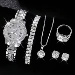 Moda Casual Donna Orologio al Quarzo Set Gioielli Lussuoso Lega Strass Numeri Romani Puntatore Orologio da Polso Quadrante Stellato Cinturino Finta Pelle Cuore Ciondolo Collana Orecchini Anelli Bracciale Set
