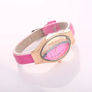 Orologio da donna al quarzo con cinturino in pelle rosa e cassa dorata con quadrante glitter.