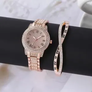 Orologio da polso al quarzo con strass in oro rosa da donna e set di bracciali in cristallo.