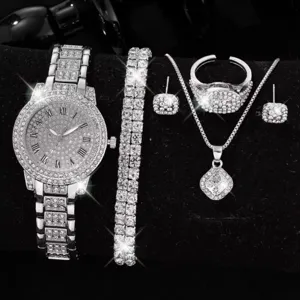Set di gioielli argento con orologio con strass, braccialetto, collana, anello e orecchini.