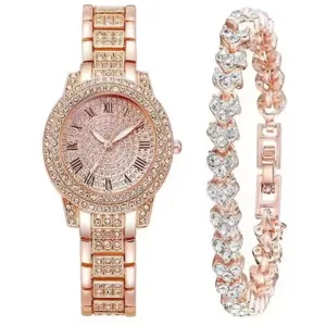 Set orologio al quarzo con strass oro rosa e bracciale cuore, regalo gioielli donna cristallo.