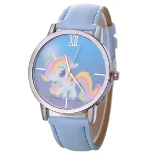 Orologio donna quarzo quadrante unicorno carino cinturino pelle azzurro moda chic