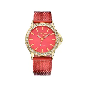 Orologio al quarzo rosso da donna elegante con lunetta strass oro e cinturino rete