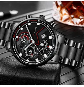 Orologio uomo al quarzo in acciaio inossidabile con calendario, quadrante nero e crono.