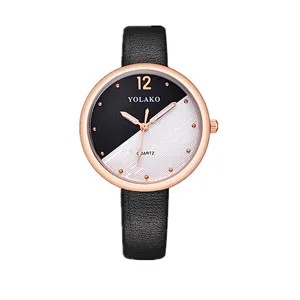 Orologio al quarzo da donna con cinturino in pelle nera e quadrante rotondo oro rosa.