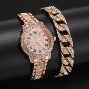 Set orologio al quarzo con strass oro rosa e bracciale donna, dettaglio brillante.