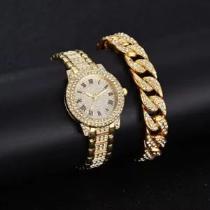 Set di gioielli con orologio da polso al quarzo da donna dorato con bracciale coordinato.